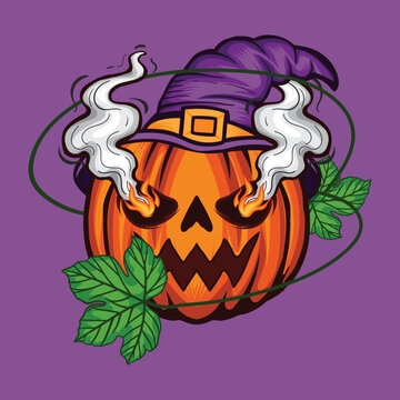 Halloween Pumpkin skull fire and smook with a hat illustration design