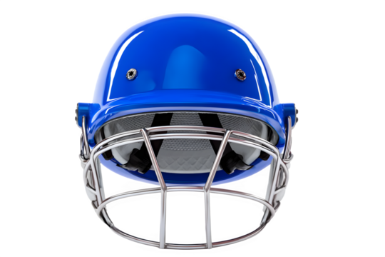 Blue cricket helmet with metal face guard isolated on transparent background