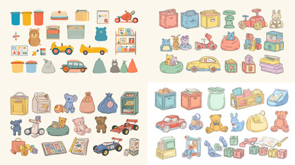 Flat vector illustration of colorful children’s toys including cars, teddy bears, blocks, and books. Perfect for kids room, preschool, and childhood learning design concepts.