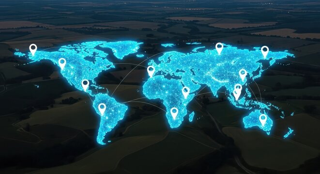 Global network of glowing blue locations on a world map overlay