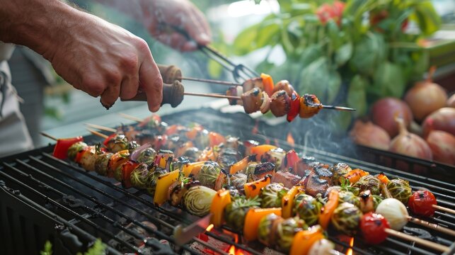 A chef expertly rotates a skewer of sprouts and veggies on a hot grill ensuring even cooking.