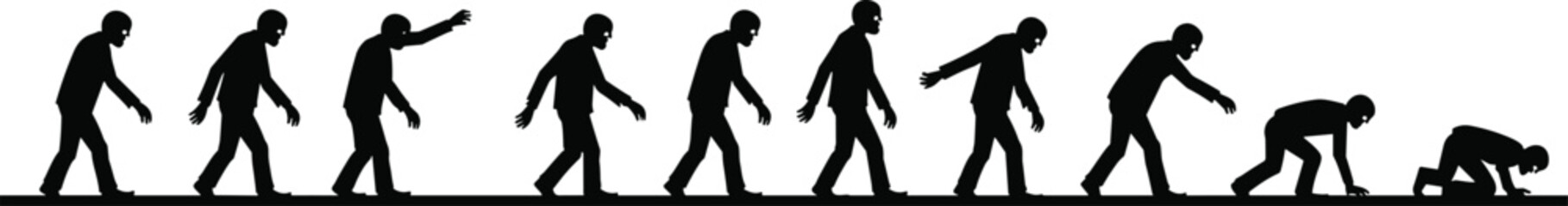 Zombie evolution silhouette walking to crawling stages, horror undead transformation vector illustration, Halloween concept, scary monster design isolated graphic set