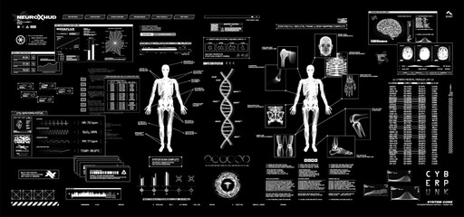 Fototapeta na wymiar Full medical examination in cyberpunk style with HUD, UI interface. Futuristic healthcare app, screen interface with a 3d hologram, mri, dna, 3d hologram brain, x-ray, body. Cyberpunk HUD, UI. Vector