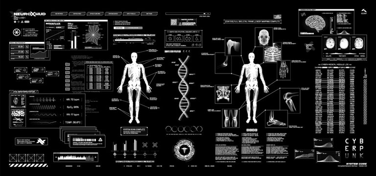 Full medical examination in cyberpunk style with HUD, UI interface. Futuristic healthcare app, screen interface with a 3d hologram, mri, dna, 3d hologram brain, x-ray, body. Cyberpunk HUD, UI. Vector
