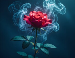 red rose on a black background,Smoke & Rose Fusion "Red rose emerging from smoke, surreal artistic style, HD macro details, dark moody background
