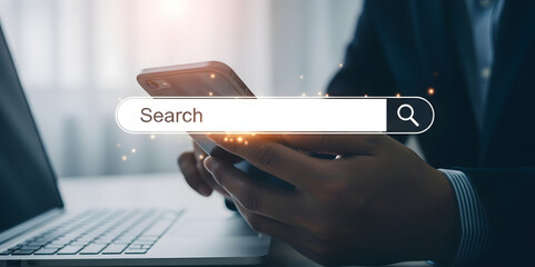 Person using smartphone with search bar overlay for online information and research