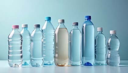 Assortment of clear plastic water bottles in various shapes, sizes arranged against neutral backdrop. Offers hydration options, promoting healthy drink choices, active lifestyles. Clean, pure, fresh