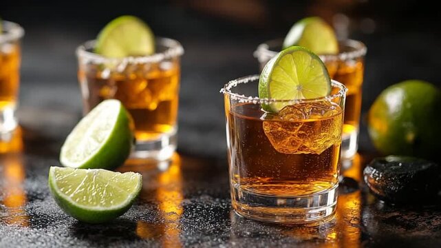 tequila shots flight with cut limes and salton in a black stone background video