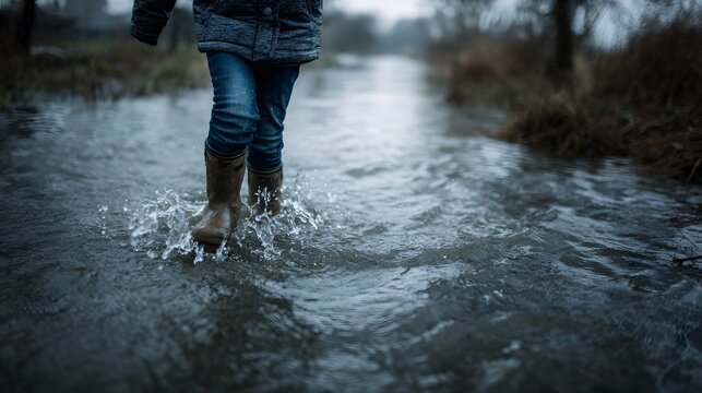 Person walking through knee deep floodwater on an overcast day
