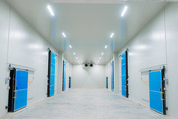Interior of an empty cold storage facility with multiple insulated blue doors and industrial refrigeration units. The space is designed for frozen goods storage, logistics operations, and supply chain