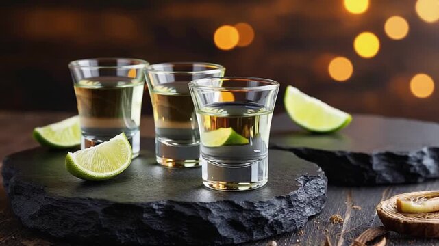 tequila shots flight with cut limes and salt on black stone background video