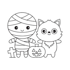 Black and white cartoon illustration of a mummy and a wolf character with a pumpkin and a tombstone