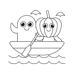 Cartoon ghost and pumpkin rowing a boat on wavy water vector illustration