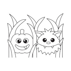 Cartoon pumpkin and monster peeking through tall grass for Halloween vector illustration