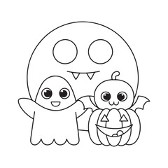Outline illustration of a large ghost with a smaller ghost and a pumpkin character vector