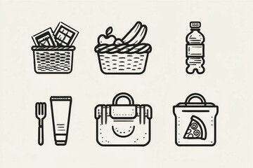 Picnic Essentials and Convenience Items in Stylized Line Art Illustration Isolated on Cream Background a Versatile Design for Food and Lifestyle