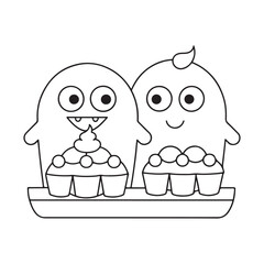 Two cute cartoon monsters holding cupcakes on a tray vector illustration