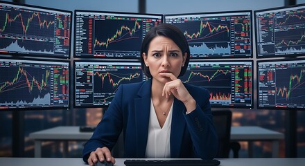 Fototapeta premium Businesswoman looking worried at international stock market data on multiple screens