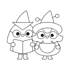 Fototapeta premium Two cute cartoon owls wearing hats, one reading a book, the other holding a basket illustration characters