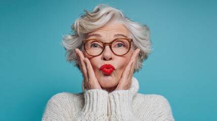 beautiful elderly woman keeps hands on face folds red painted lips wears spectacles white jumper has well cared complexion isolated over blue background retired old female with makeup poses indoor no