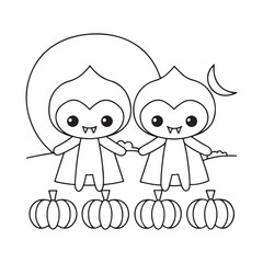 Obraz premium Two cute cartoon vampires holding hands with pumpkins and moon halloween illustration