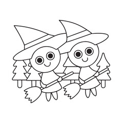 Two cute cartoon witches flying on broomsticks with stylized trees halloween illustration