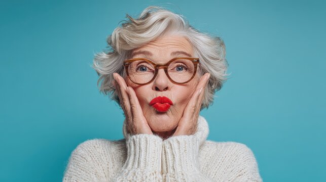 beautiful elderly woman keeps hands on face folds red painted lips wears spectacles white jumper has well cared complexion isolated over blue background retired old female with makeup poses indoor no