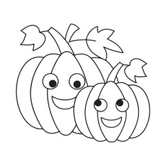 Two happy cartoon pumpkins with smiling faces and leaves outline drawing vector illustration