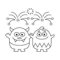 Two happy cartoon monsters with horns standing under fireworks in a simple line art style creature