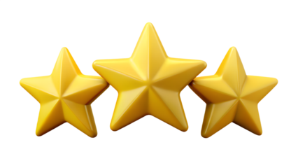 Three golden stars representing a high rating or excellent quality, isolated on transparent background