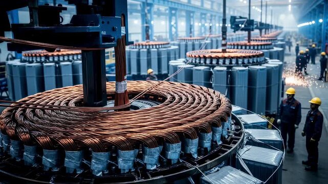 Industrial scene highlighting intricate copper wire coils being wound on large transformer cores within a spacious ultrahighvoltage winding facility.