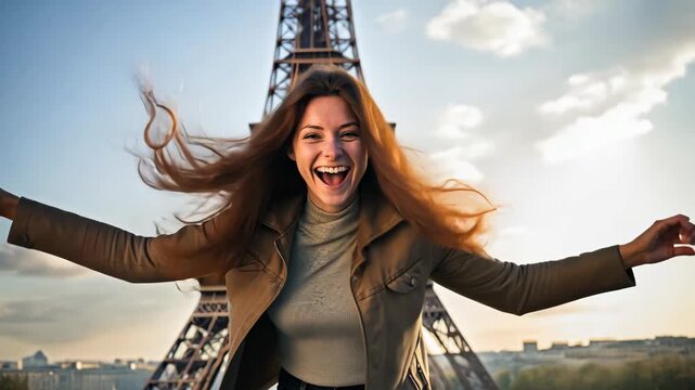 Happy woman near the Eiffel Tower. Selective focus. travel.