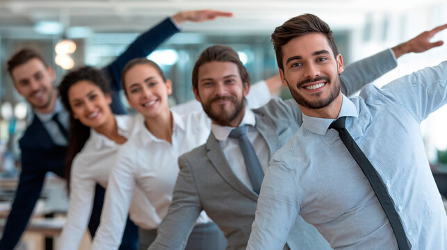 Team of diverse office workers doing stretching exercise in office, promoting wellness and positivity