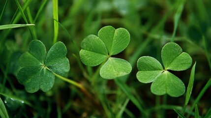 Close-up view showcasing three vibrant green clover plants amidst a grassy lawn