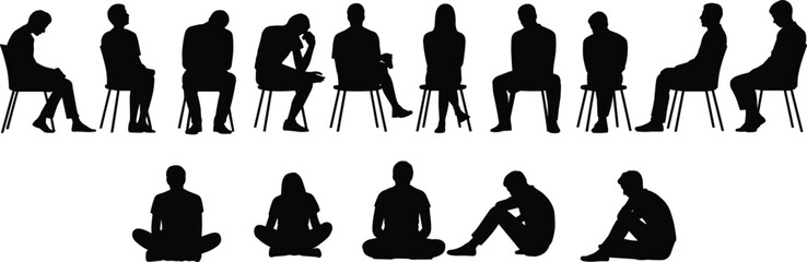 People sitting silhouette, group on chairs, individuals seated, meditation posture, waiting room, relaxation, thinking pose, audience concept, casual sitting, body language © Its Pro Here