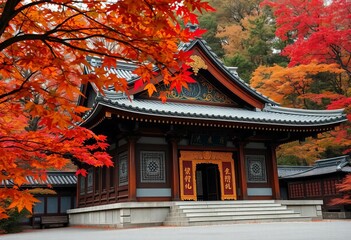 Ancient Japanese shrine, ornate details, serene setting, vibrant autumn leaves, orange, sky