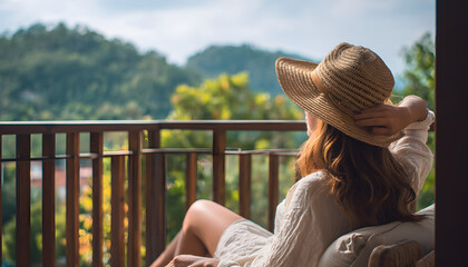 life-work balance, relaxation healthy quality living lifestyle in summer holiday vacation of freelancer woman take it easy resting in resort hotel balcony having peace of mind