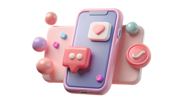 Smartphone with social media icons and notifications isolated on transparent background