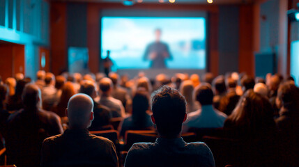 Conference audience watches a speaker presenting on a screen at a business conference event.