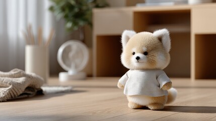 A small animal character stands playfully in a warm, inviting room, showcasing a blend of fur textures and a friendly demeanor