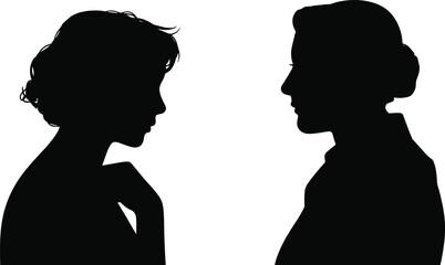 Silhouette of two women facing each other, female profiles, communication concept, discussion, relationship, human interaction, black and white illustration