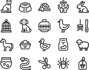 Pet care icons set, dog, cat, rabbit, bird, fish, snake, grooming tools, pet food, animal shelter, pet accessories, veterinary, animal care, pet supplies, pet grooming, pet owner