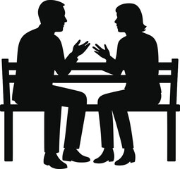 Silhouette of two people talking on bench, communication concept, friends conversation, relationship discussion, casual meeting, outdoor dialogue, social interaction