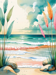 Watercolor beach landscape with seashell and palm tree, beautiful ocean painting,  coastal, tropical beach, summer sunset beach vacation art illustration