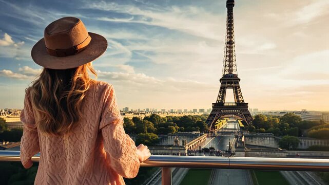 A woman in a hat looks at the Eiffel Tower. Selective focus. people.