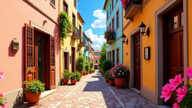 Charming street scene with colorful buildings, flowers, and a bright blue sky above town