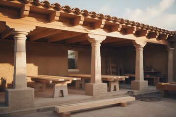 Fototapeta premium Southwestern courtyard with stone tables and pillars