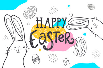 Happy Easter illustration with cute hand drawn bunnies decorative doodle eggs and playful lettering in whimsical line art and modern minimalist style