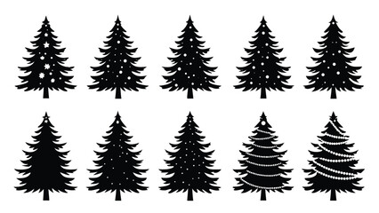 Black Christmas trees with white ornaments silhouette