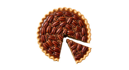 Overhead view of a pecan pie with a slice removed on transparent background